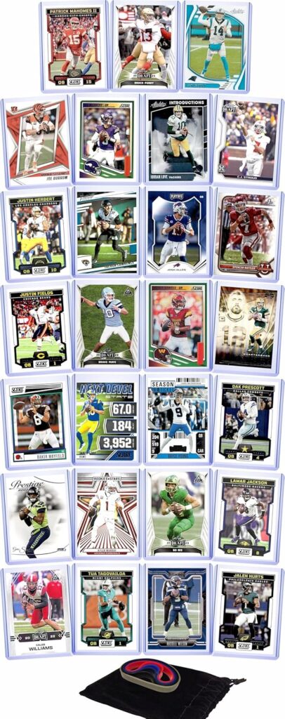 Football Cards: Fantasy QBs (27) Patrick Mahomes, Brock Purdy, Jalen Hurts, Joe Burrow, CJ Stroud, Aaron Rodgers, Josh Allen, J.J. McCarthy, Jordan Love, Justin Herbert, Lamar Jackson, Trevor Lawrence, Tua Tagovailoa, Dak Prescott, Jared Goff, Justin Fields, Baker Mayfield, Russell Wilson, Geno Smith, Caleb Williams, Sam Darnold, Drake Maye, Jayden Daniels, Kyler Murray, Bo Nix, Spencer Rattler, Bryce Young ASSORTED Football Quarterback Stars & GOATs Trading Card & Wristbands Gift Pack