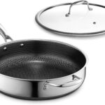 HexClad Hybrid Nonstick 4.5-Quart Deep Sauté Pan with Tempered Glass Lid, Stay-Cool Handle, Dishwasher-Friendly, Oven-Safe Up to 900°F, Induction Ready, Compatible with All Cooktops