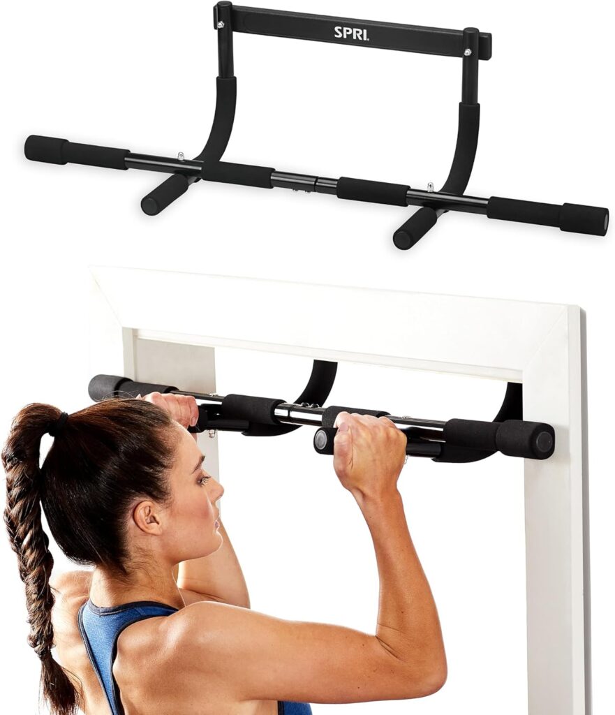 SPRI Pull Up Bar – 8-Grip and 12-Grip Door Frame Mounting Pull-Up Bar for Versatile Workouts – Rugged Steel Frame with Foam Handles – Supports 300 Pounds – Fits Door Frames Up to 32 in. Wide – Black
