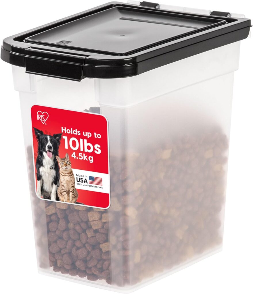 IRIS USA Airtight Dog Food Storage Container, WeatherPro, Up to 10 lbs, Removable Wheels, for Dog Cat Bird and Other Pet Food Storage Bin, Keep Fresh, Translucent Body, Made in USA, Clear/Black