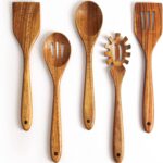 Acacia Wooden Spoons for Cooking: 5-Piece Kitchen & Cooking Utensils Set – Wooden Spatula, Slotted & Pasta Spoon – Essential Wooden Utensil Set