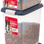 IRIS USA 2-Piece 41 Lbs / 45 Qt WeatherPro Airtight Pet Food Storage Container Combo and Treat Box for Dog Cat and Bird Food, Stackable, Keep Fresh, Translucent Body, Easy Mobility, Navy