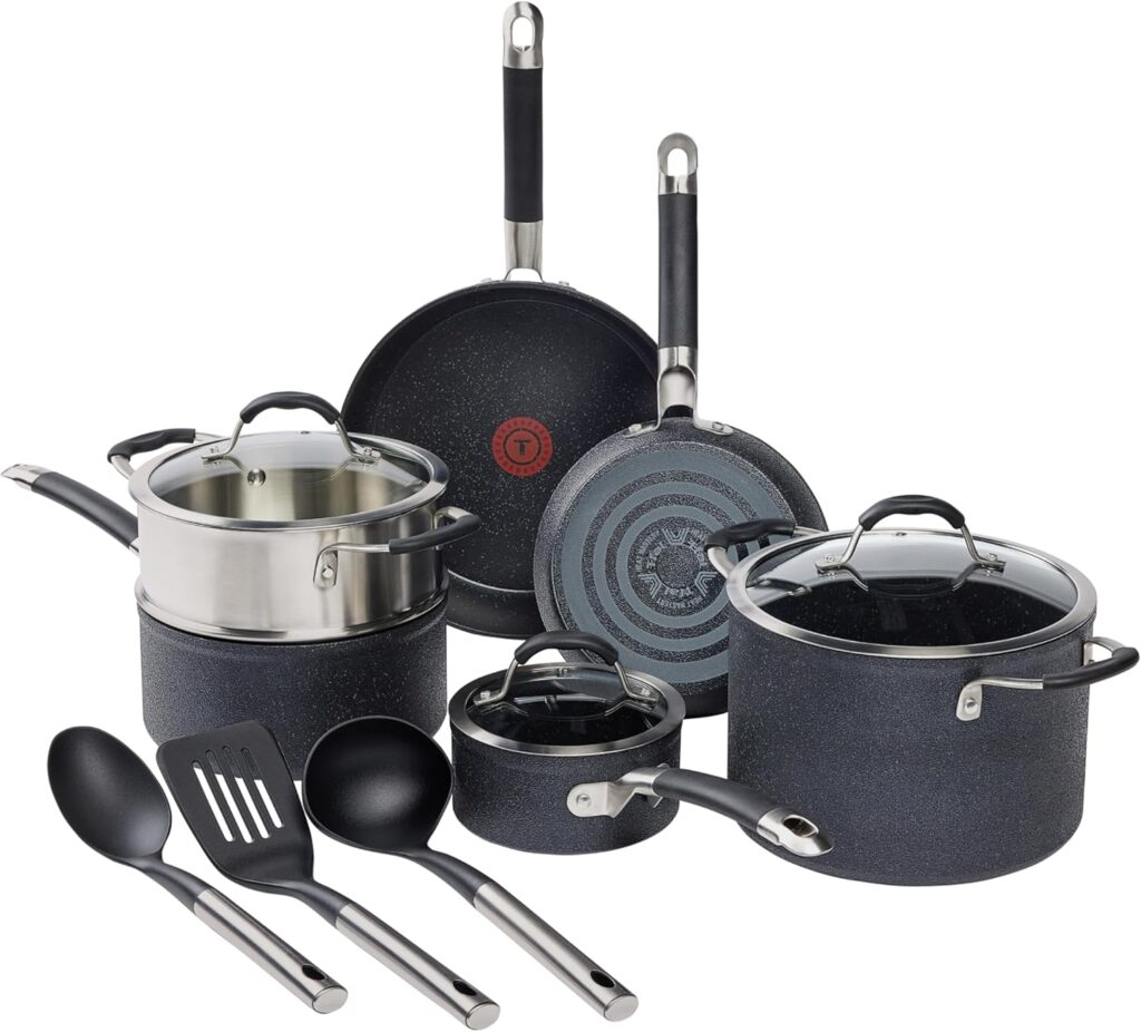 T-fal Stone Force Platinum Non Stick Cookware Set 12 Piece, Oven Broiler Safe 400Β°F, Kitchen Cooking Set w/Fry Pans, Saucepans, Dutch Oven, Tools, Steamer Insert, Lids, Cookware, Dishwasher Safe Black