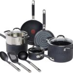 T-fal Stone Force Platinum Non Stick Cookware Set 12 Piece, Oven Broiler Safe 400°F, Kitchen Cooking Set w/Fry Pans, Saucepans, Dutch Oven, Tools, Steamer Insert, Lids, Cookware, Dishwasher Safe Black