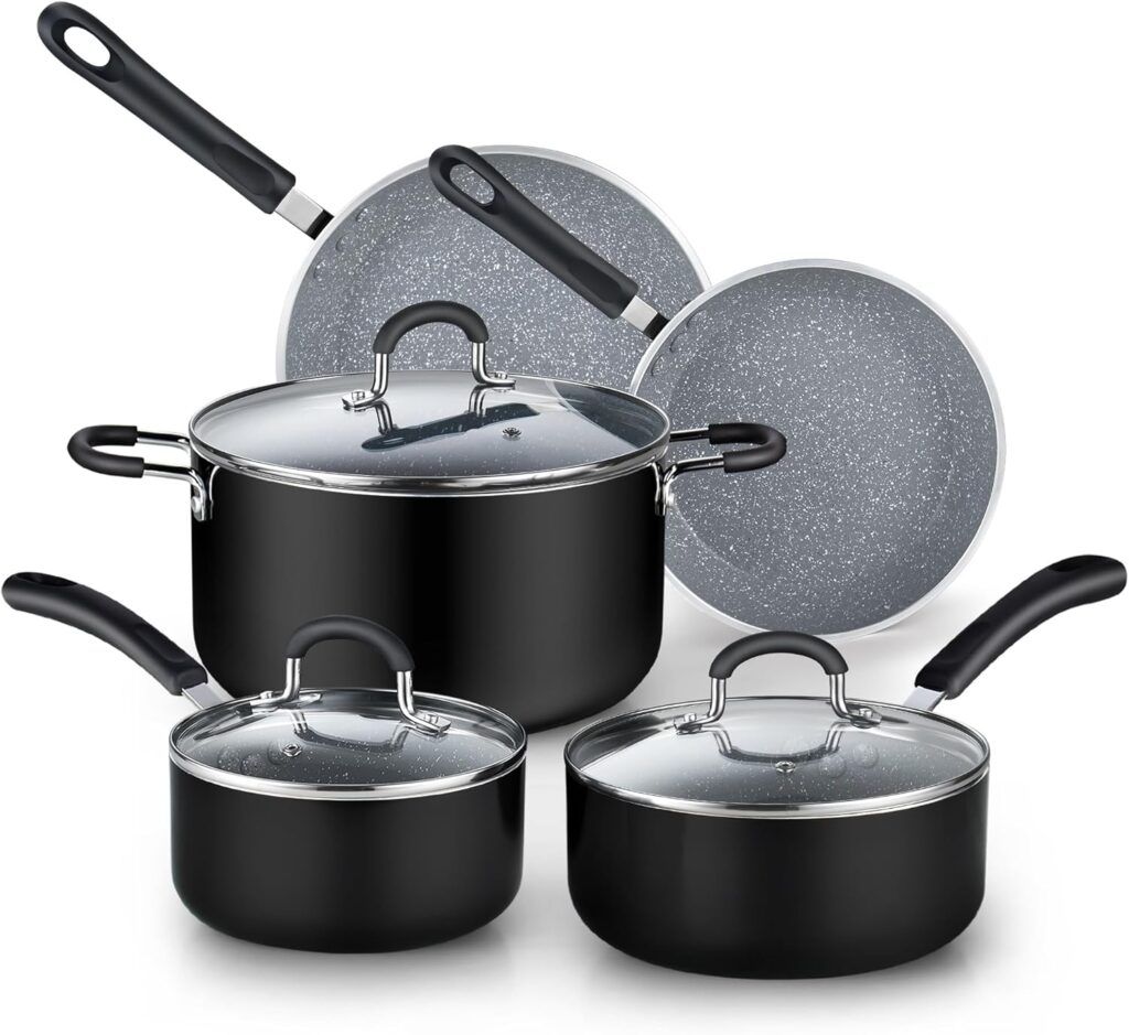 Cook N Home Pots and Pans Nonstick Kitchen Cookware Sets include Saucepan Frying Pan Stockpots 8-Piece, Heavy Gauge, Stay Cool Handle, Marble