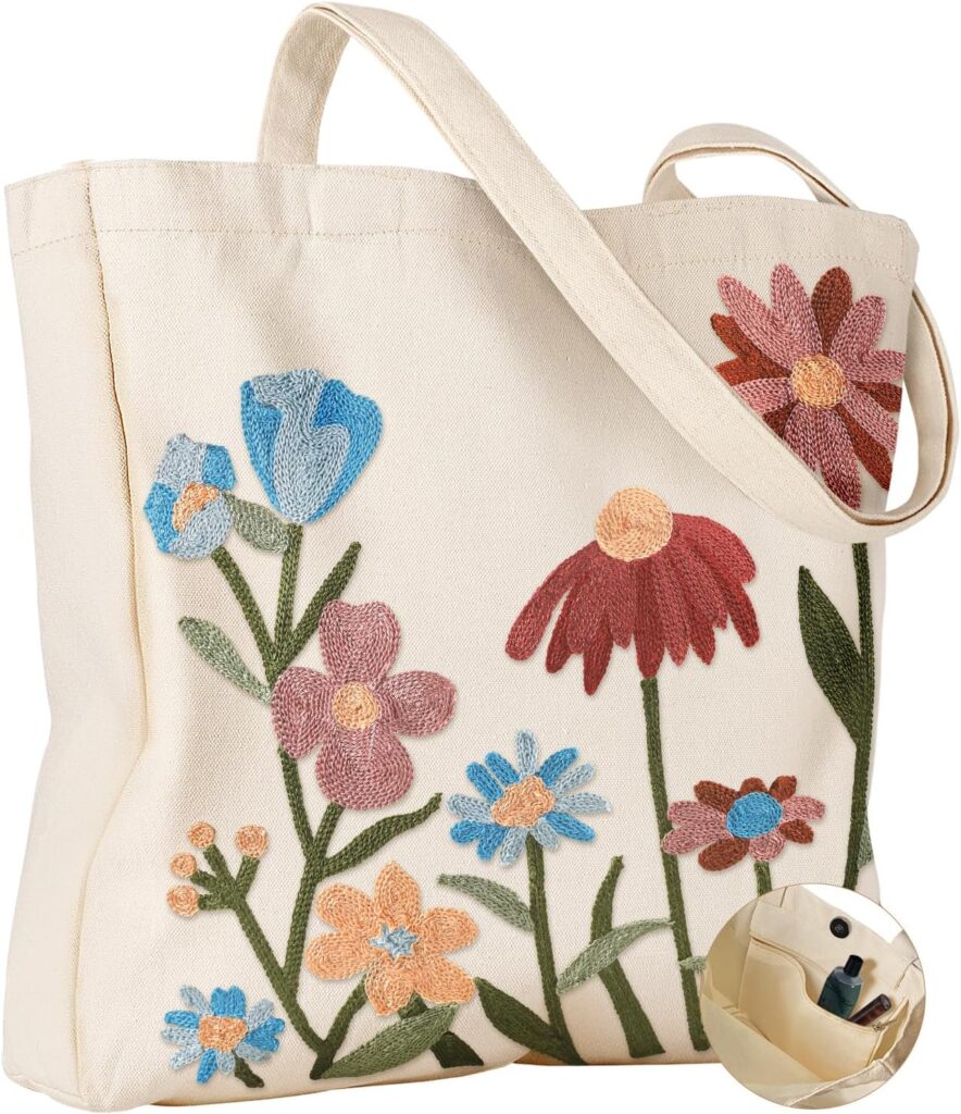 Embroidery Tote Bag with Pocket & Buckle – Reusable Canvas Tote for Women Cute Aesthetic Work Shopping Grocery Bag