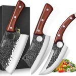 3PCS Butcher Knife Set, Hand Forged Serbian Chef Knives & Meat Cleaver & Viking Knives, Meat Cutting Kitchen Knife Set for Home, Outdoor Cooking, Camping BBQ Gift Idea Men