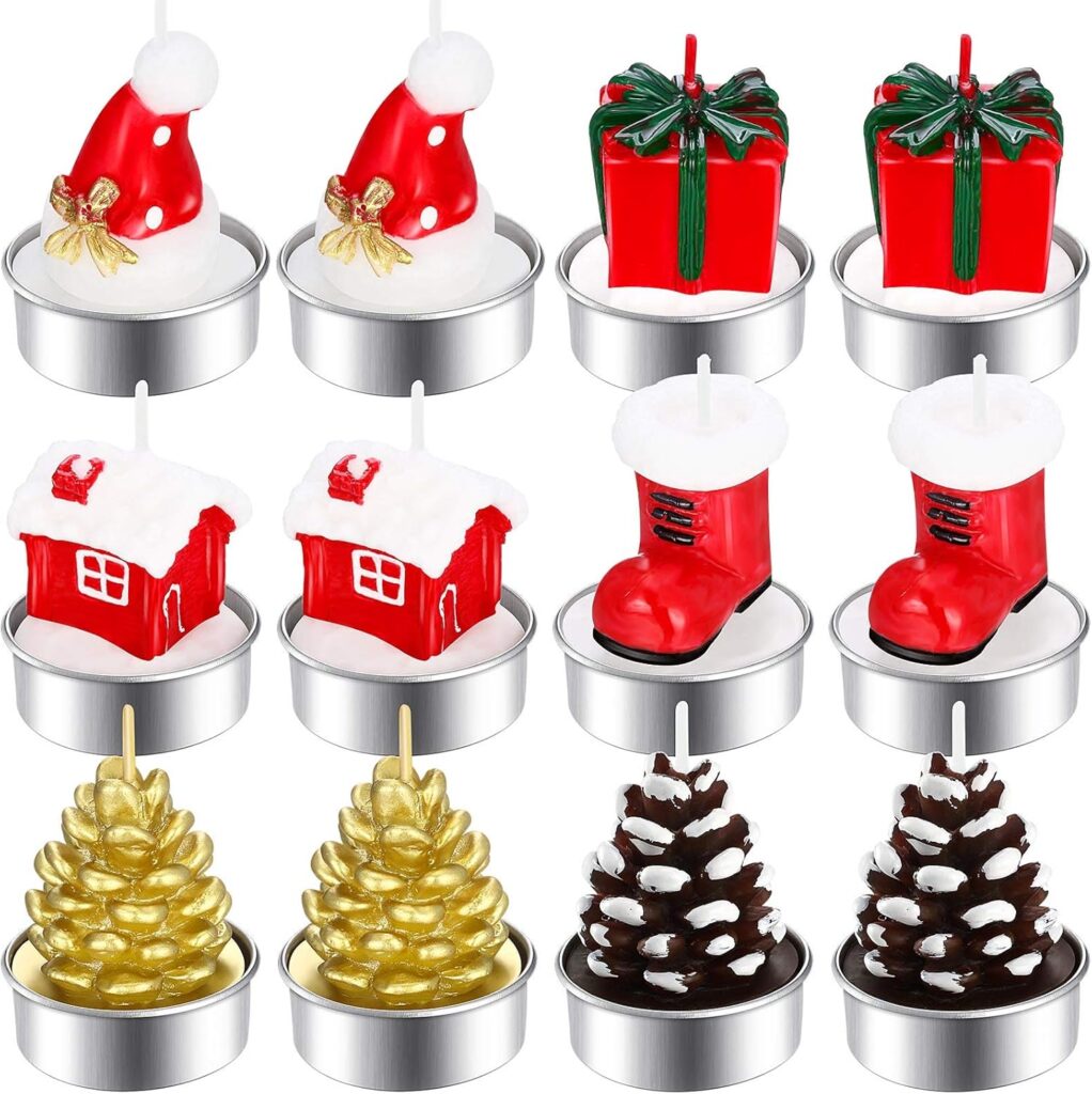 BBTO 12 Pieces Christmas Tealight Candles Handmade Delicate Santa Claus, Snowman, Pine Cones, Christmas Tree, Shoes, House, Santa Hat Candles, Home Decorations(Cute Style)