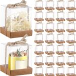 Cunno 36 Set 3.5 x 3.5 x 4.3 in Candle Package Transparent Gift Box 4-18 oz Handmade Tealight Candle Holder Bulk Paper Bottom Ribbon for Wedding Baby Shower Party Mug Cake Wine Glasses(Kraft Color)