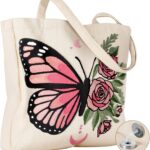 Embroidery Canvas Tote Bag for Women – Reusable Tote with Buckle Aesthetic Cute Shoulder Bag for Shopping, Grocery
