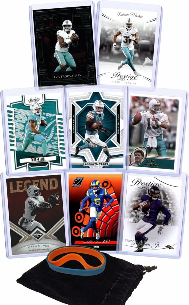 Miami Dolphins Cards: Tua Tagovailoa, Raheem Mostert, Tyreek Hill, Jaylen Waddle, Dan Marino, Mark Duper, Jalen Ramsey, Odell Beckham Jr. Assorted Football Stars & GOATs Trading Card & Wristbands Gift Pack