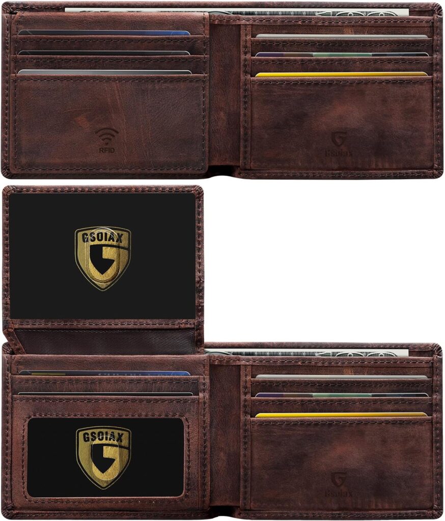GSOIAX Premium Crazy Horse Leather Wallet for Men-Handcrafted Vintage Bifold Wallet with 11 Card Slots,2 ID Windows & 2 Cash Pockets,RFID Blocking,Gift ideas for Him (Red-brown)