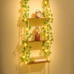 WOOD MEETS COLOR 3 Tier Macrame Wall Hanging Shelves with Artificial Ivy Leaves,Boho Room Decor Handmade Cotton Rope,Wooden Hanging Storage Floating Shelves for Small Plants,Living Room Bedroom