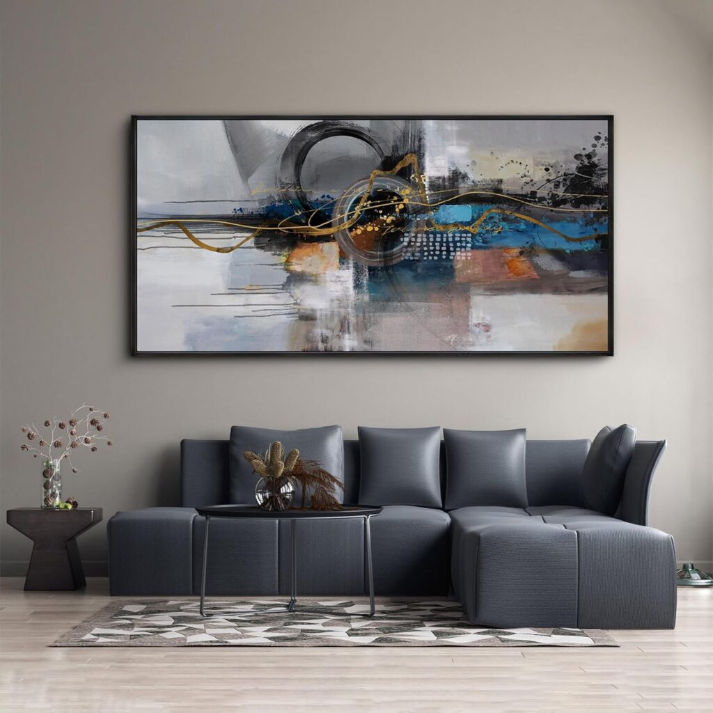 XLSJERST Large Abstract Frame Wall Art – Black and Blue Cnavas Framed Artwork for Walls Modern Minimalist Boho Gray Pictures Wall Decor for Living Room Bedroom Office Home Decoration 24×48 Inches