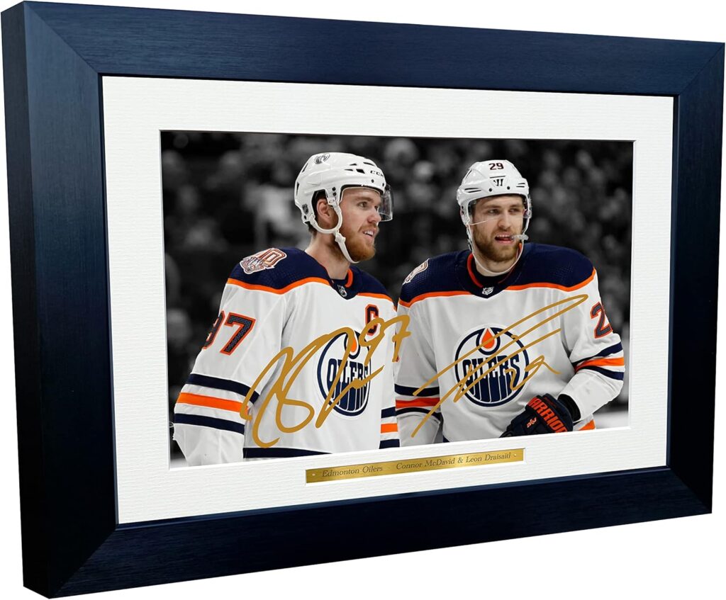Kitbags & Lockers 12×8 A4 Connor McDavid Leon Draisaitl Edmonton Oilers NHL Autographed Signed Photo Photograph Picture Frame Ice Hockey Poster Gift Black & White