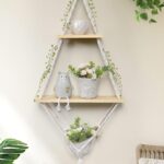 Afuly Hanging Shelves 2 Tiers Macrame Floating Shelf Wall Mounted, Boho Shelf Rack with Pine Wood Handmade Woven Rope for Bathroom Bedroom Living Room Plants Storage Home Decor, with Basket