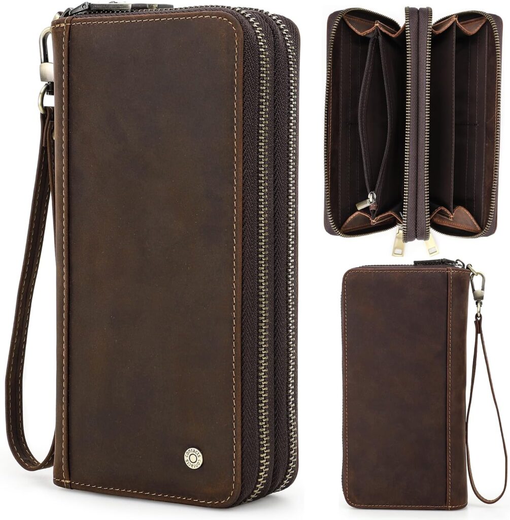 Top Grain Genuine Leather Clutch Bag Wallet with Wristlet for Man & Woman, Handmade Retro Design, 2 Zipper Pockets & Multiple Slots, RFID Large Capacity for Cards/Phone/Check/Money/Coin, Coffee