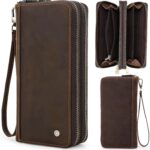 Top Grain Genuine Leather Clutch Bag Wallet with Wristlet for Man & Woman, Handmade Retro Design, 2 Zipper Pockets & Multiple Slots, RFID Large Capacity for Cards/Phone/Check/Money/Coin, Coffee