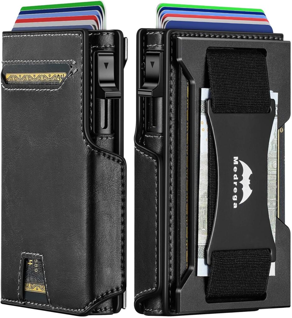 Smart Wallet for Men RFID: Leather Rugged Pop Up Card Wallets with Cash Strap – Heavy Duty Minimalist Magnetic Bifold Credit Card Holder – Gift for Man Husband at Anniversay Brithday