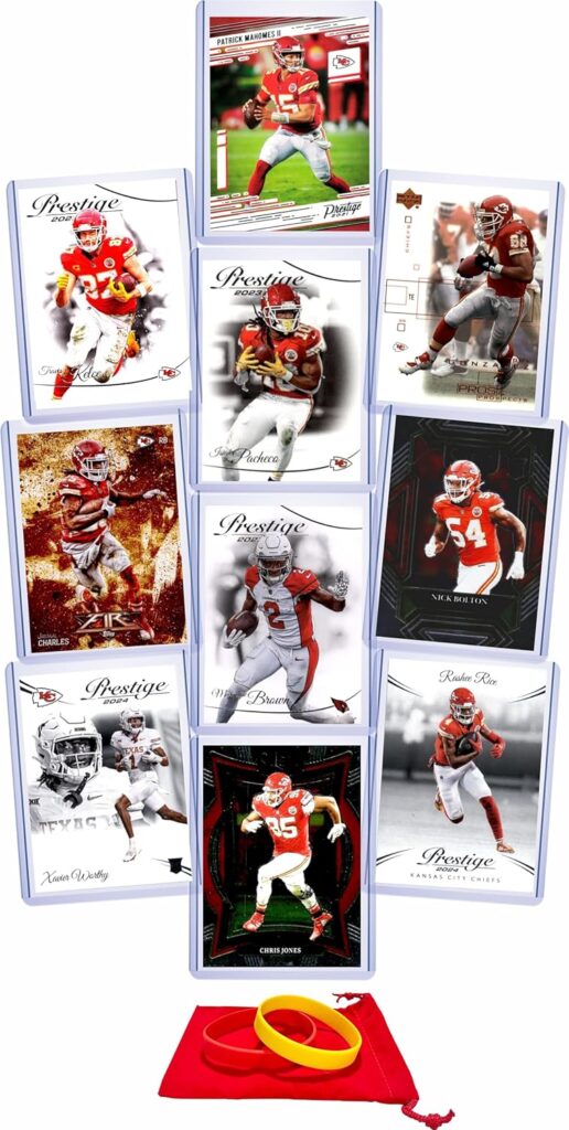 Kansas City Chiefs Cards: Patrick Mahomes, Travis Kelce, Isiah Pacheco, Nick Bolton, Rashee Rice, Xavier Worthy, Jamaal Charles, Marquise Brown, Chris Jones, Tony Gonzalez ASSORTED Football Stars & GOATs Trading Card & Wristbands Gift Pack