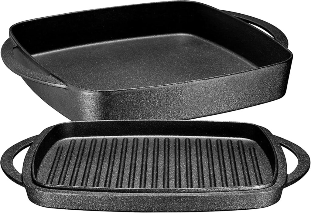Bruntmor 2-in-1 Pre-Seasoned Cast Iron Dutch Oven and Grill Pan with Dual Handles – 11-Inch Non Stick Square Casserole Dish with Lid – Cast Iron Cookware for Braising, Crock Pot and Oven Safe Skillet