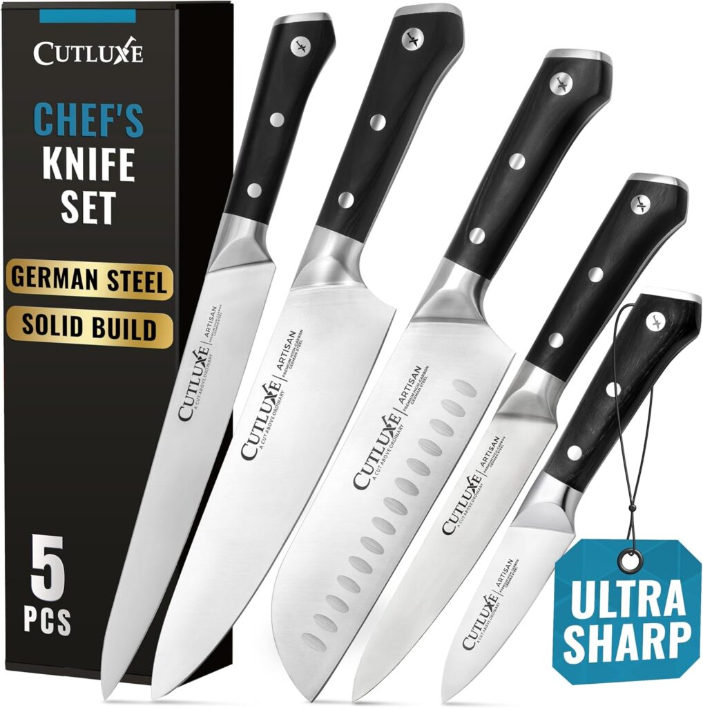 Cutluxe Kitchen Knives, 5 Pcs Chef’s Knife Set – Razor Sharp German Steel, Full Tang, Ergonomic Handles – Artisan Series