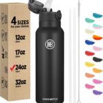 Han’s Bottle Sports Water Bottle – 24 Oz, Straw Lid, Leak Proof, Vacuum Insulated Stainless Steel, Double Walled, Thermo Mug,Black