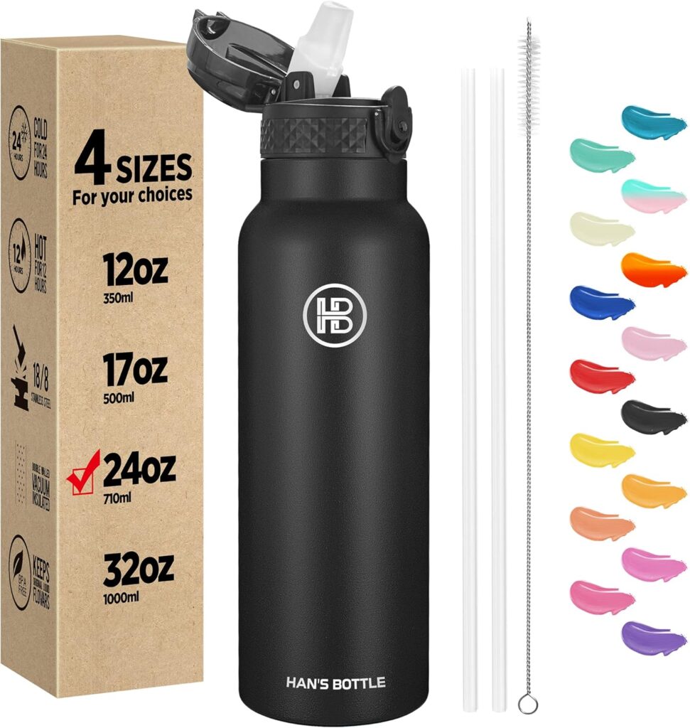 Han’s Bottle Sports Water Bottle – 24 Oz, Straw Lid, Leak Proof, Vacuum Insulated Stainless Steel, Double Walled, Thermo Mug,Black