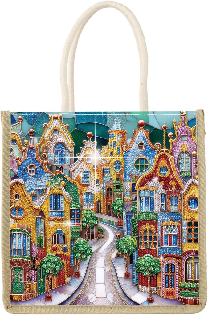 MVVMTOP Diamond Painting Kit Handbag, 5D DIY Colorful Street Scene Pattern Diamond Art Crystal Special Shape Crystal Artificial Canvas Bag, Shopping Storage Tote Gift Large Storage Bag