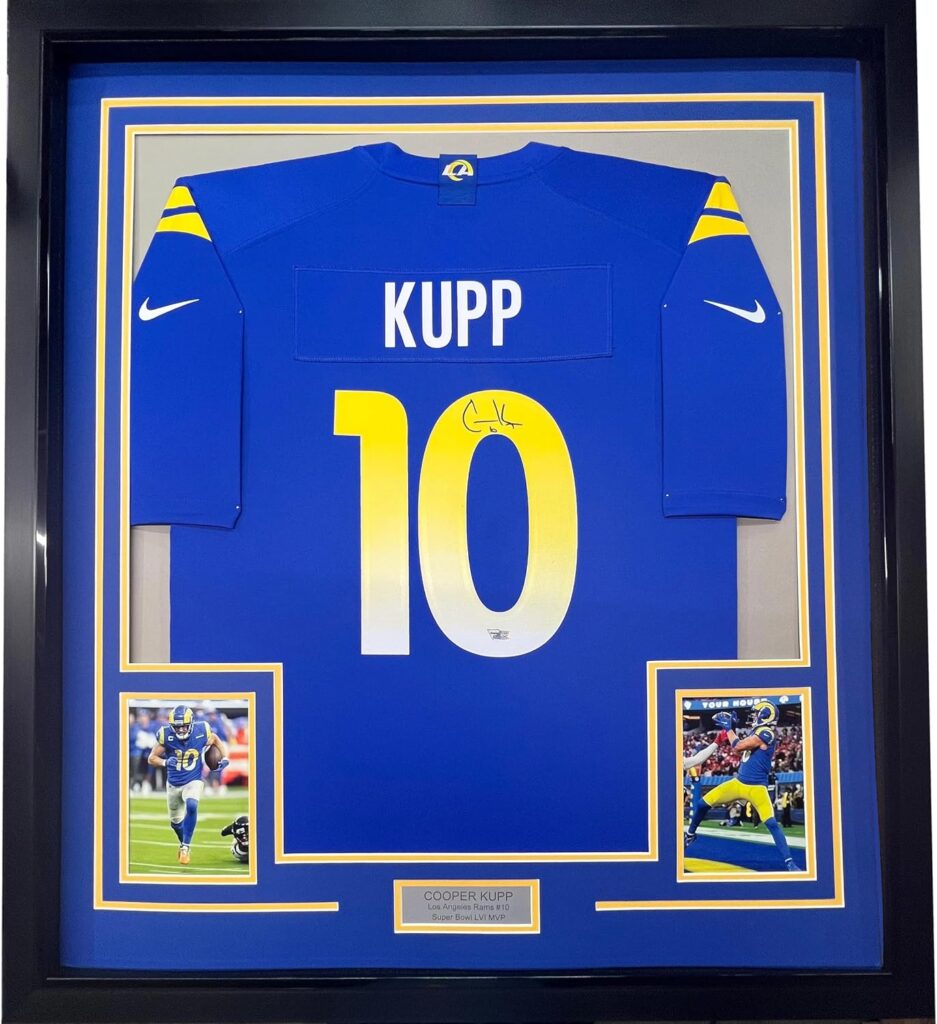 Framed Autographed/Signed Cooper Kupp 35×39 Los Angeles Rams Blue Authentic Nike Game Super Bowl LVI Football Jersey Fanatics COA