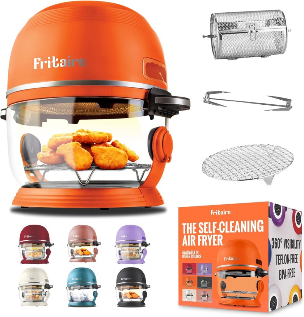 Non Toxic Air Fryer™ – Glass AirFryer 5 Quart w/ 360 Visibility, Self-Cleaning, 400F Vortex Air Fryer for Even Cooking, BPA-Free Teflon Free, 9-in-1 Functions, Rotisserie, Roast, Bake, Orange