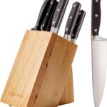 Amazon Basics 9 Pieces Premium High-Carbon Stainless-Steel Blades with Pine Wood Knife Block Set, Kitchen, Black