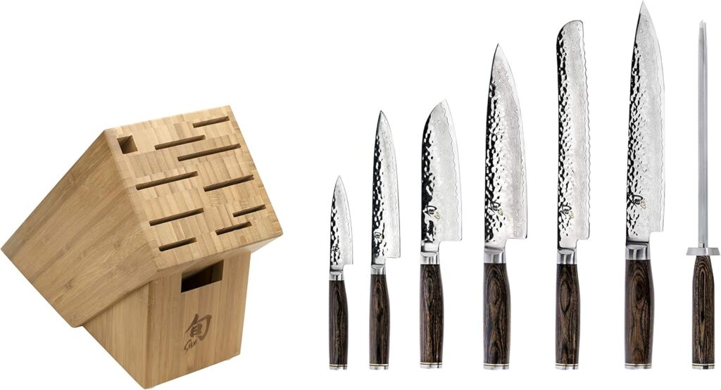 Shun Premier 8 Piece Professional Block Set, Features 6 Shun Premier Knives, Honing Steel and 11-Slot Bamboo Knife Block, Handcrafted Japanese Knife Set, Pakkawood Handles
