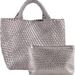 Women’s Vegan Leather Tote Bag – Handmade Woven Beach Bag, Travel Handbag with Purse & Top Handle Hobo Tote