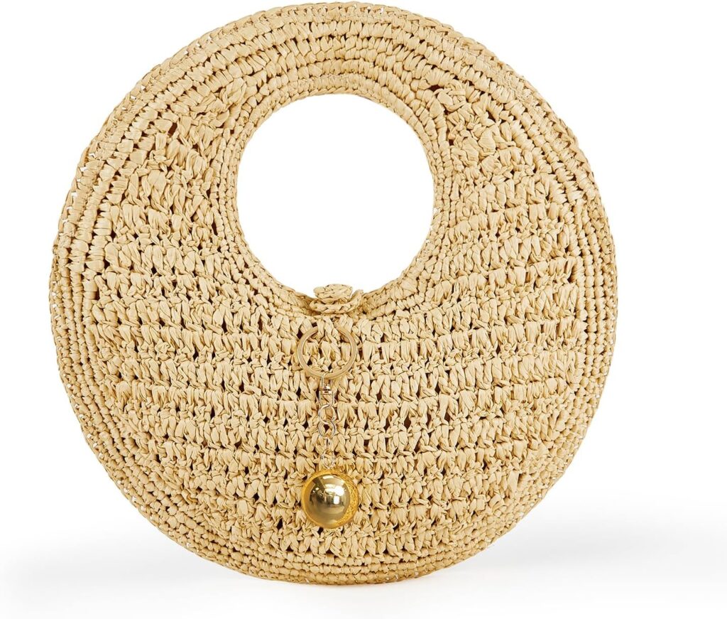 PHILOMENA Woven Straw Beach Bag for Women Handmade Raffia Circle Bag, Summer Boho Chic Tote Purse Handbag Large Round Bag
