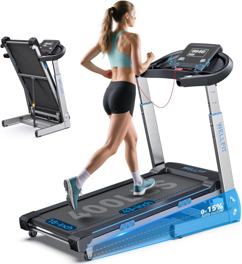 WELLFIT Treadmill with 15% Auto Incline, 400lbs Treadmills with Handlebar for Home, Voice Control Mute Remote, Under Desk Treadmill for Home Small Office, Walking Pads Work with KINOMAP Apple Health