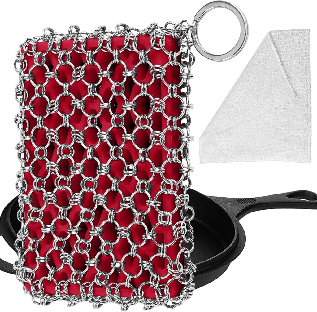 Herda 316L Cast Iron Scrubber Cleaner, Large Cast Iron Chain Mail Scrubber – Chainmail Scrubber Sponge – Metal Skillet Scrubbing, Wok, Dutch Oven Cleaning Kit