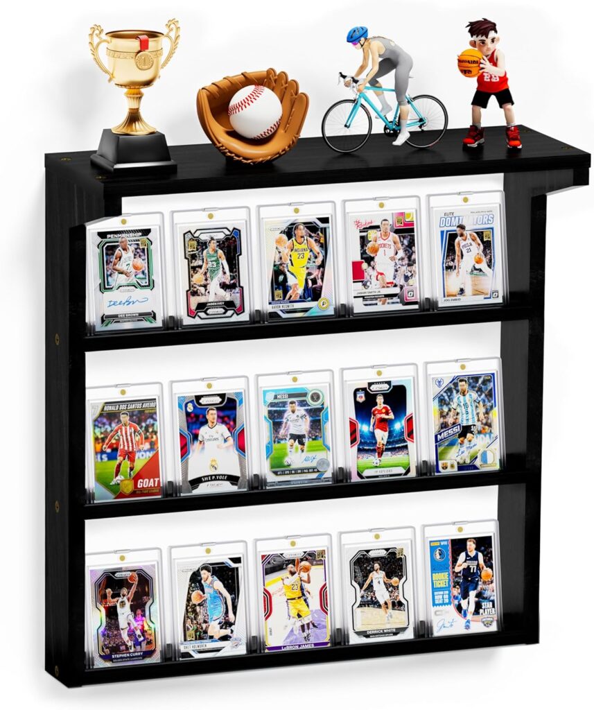 Emfogo Trading Card Display Stand for Wall, 3 Tier Wooden Graded Card Display Stand, Sports Card Display Case, Trading Card Stands for Display Collection, Black
