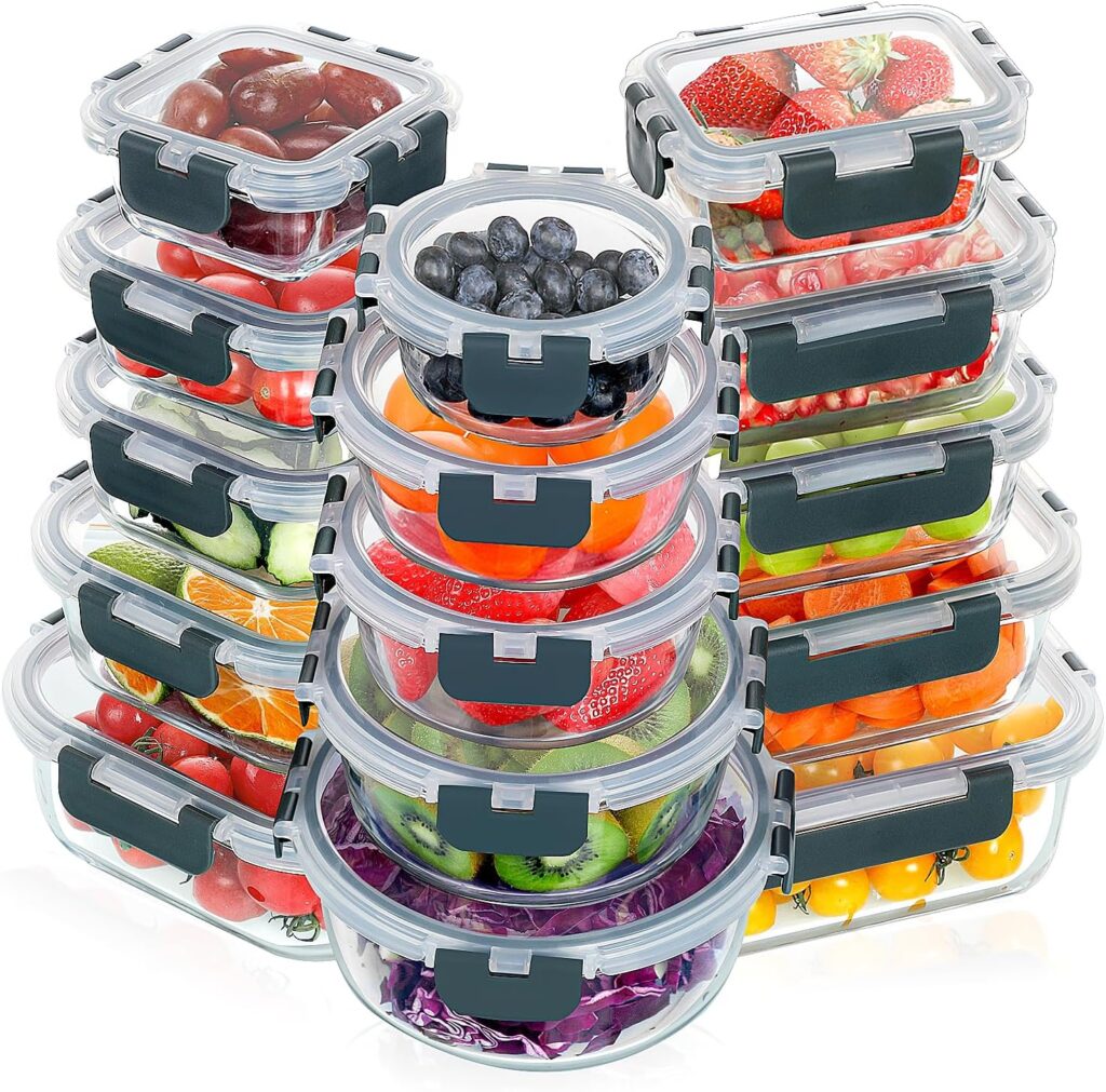 VERONES 30 Pieces Glass Meal Prep Containers Set, Stackable Glass Food Storage Containers with Lids-Airtight Lunch Containers,for Microwave, Oven, Freezer & Dishwasher,Grey