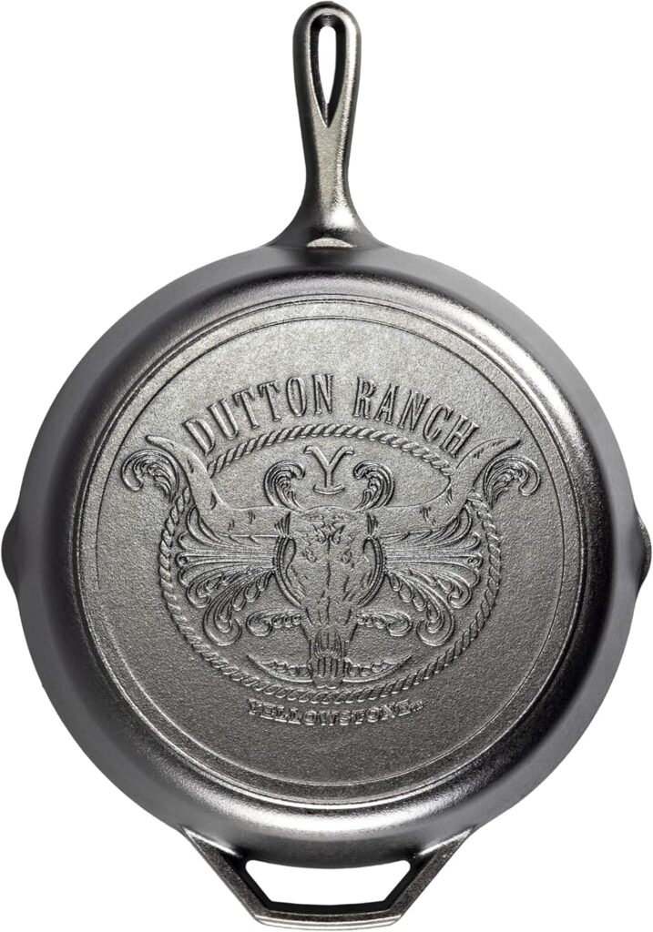 Lodge Pre-Seasoned Yellowstone Stamped Cast Iron Cookware – Signature Teardrop Handle – Use in the Oven, on the Stove, on the Grill, or Over a Campfire – 12 Inch Logo Skillet
