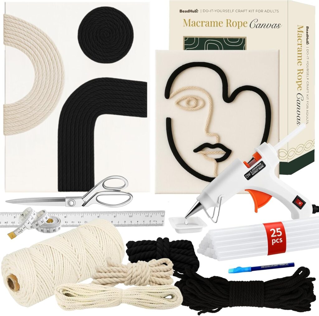 Macrame Kit for Beginners – DIY Rope Canvas Wall Art Kit with Ropes Supplies & Tools | DIY Macrame Art Wall Hanging Decor Starter Set, Craft Kits for Adults, Boho Aesthetic Home Decoration (Black)