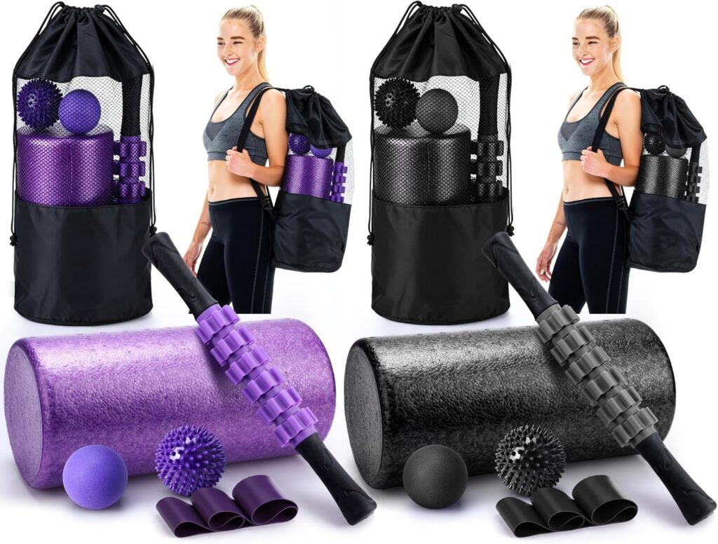 Soulchen 6 in 1 Foam Roller Set Includes Back Roller, Muscle Stick, Massage Ball, Fasciitis Ball, Fitness Stretching Strap, Carrying Bag for Whole Body Physical Exercise Therapy Muscle Recovery