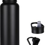 40 oz Insulated Water Bottle with Straw, Stainless Steel Sports Water Bottles with 2 Lids (Straw and Wide Mouth lid), Double Wall Vacuum, Leakproof, BPA-Free, Black