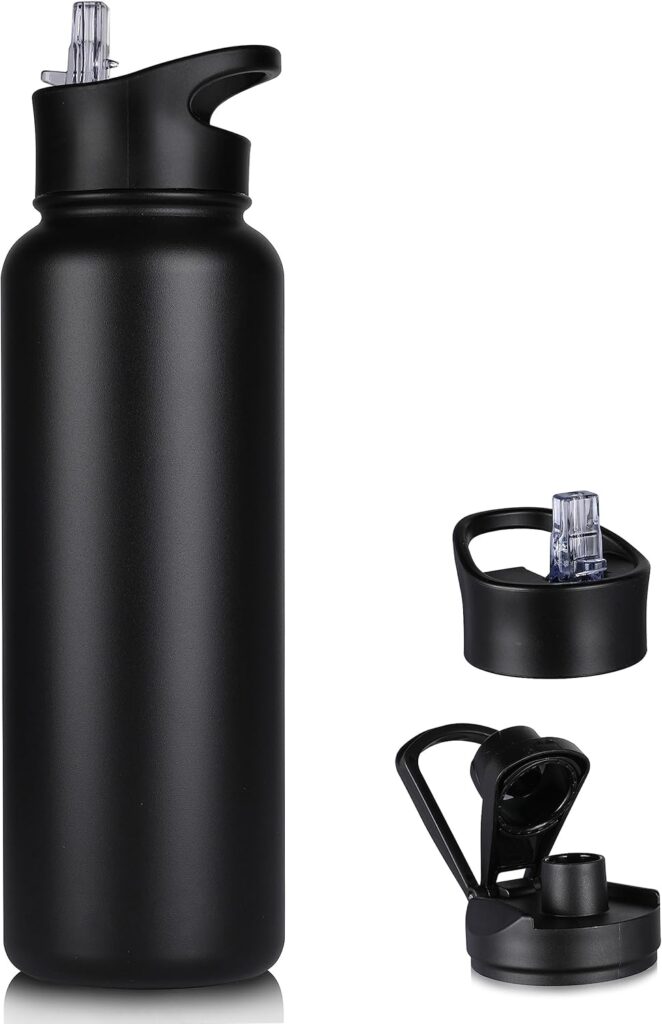 40 oz Insulated Water Bottle with Straw, Stainless Steel Sports Water Bottles with 2 Lids (Straw and Wide Mouth lid), Double Wall Vacuum, Leakproof, BPA-Free, Black