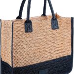 BILIONE Straw Bag for Women, Woven Beach Structured Tote, Handmade Crochet for Summer (black)
