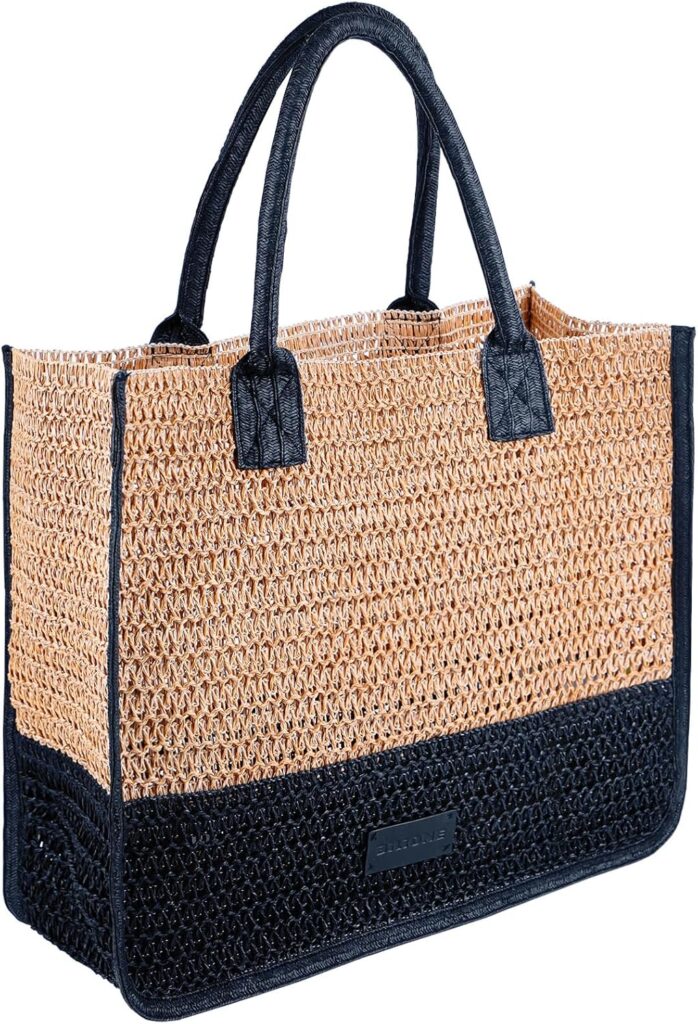 BILIONE Straw Bag for Women, Woven Beach Structured Tote, Handmade Crochet for Summer (black)