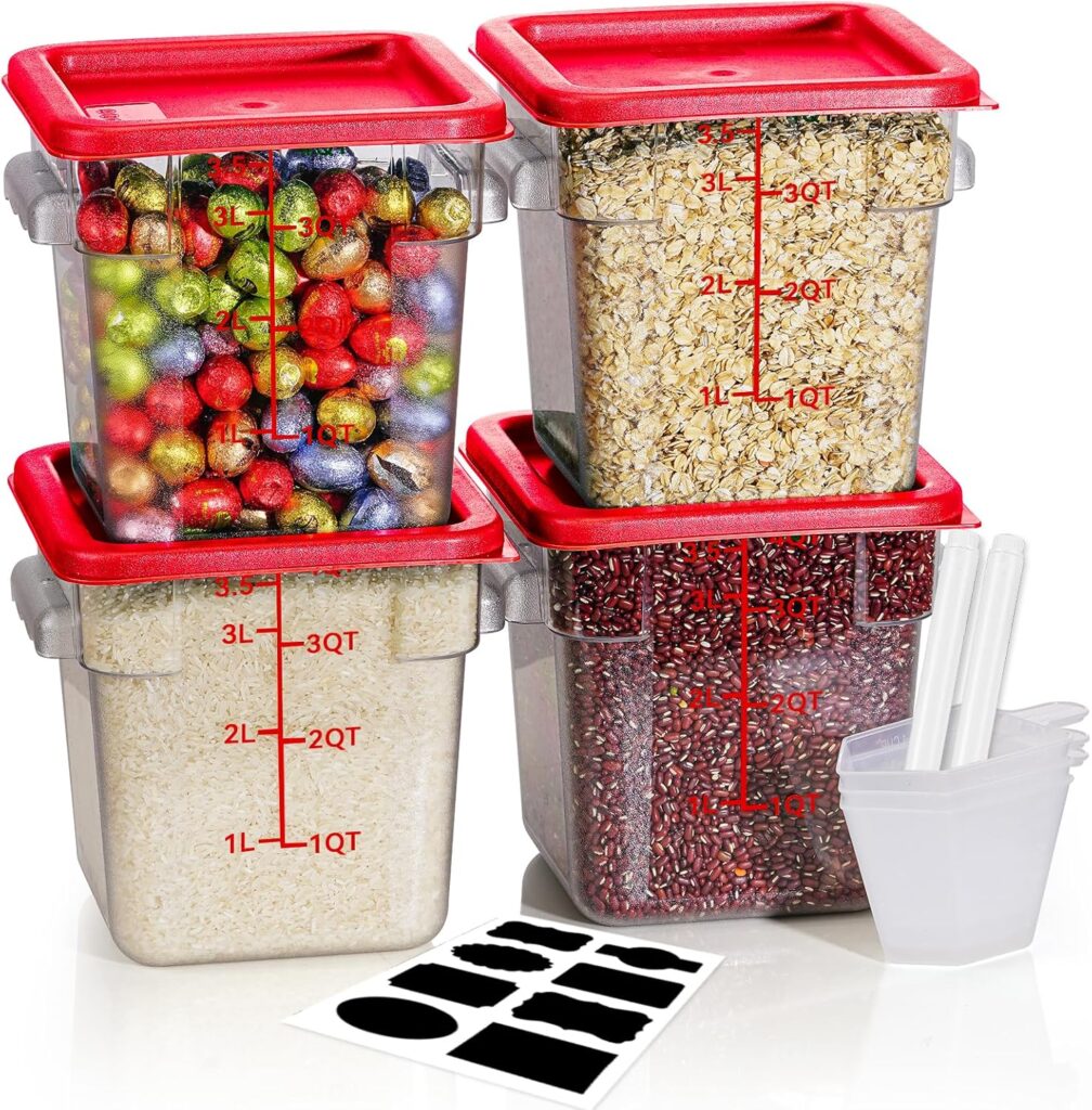 4QT NSF Food Storage Containers: 8 PCS [Food Grade][Hot&Cold Resistant] Commercial Clear Food Storage Containers with Lids for Restaurant Kitchen Proof Dough, Measuring Spoons Included(BPA FREE)