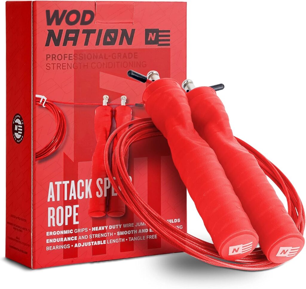 WOD Nation Speed Jump Rope – Red Adjustable Length – Tangle-Free Alloy Steel Cable Skipping Rope for Home Gym & Home Workout