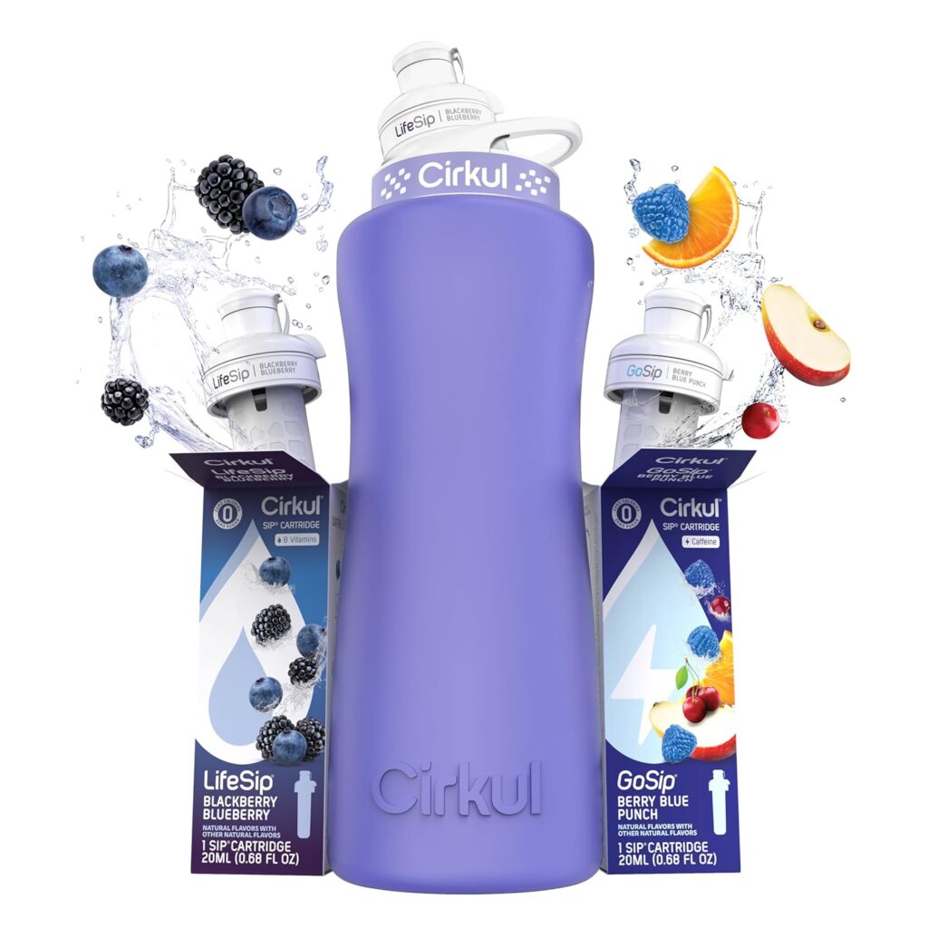 Cirkul 32oz. Matte Periwinkle Stainless Steel Water Bottle Starter Kit with Purple Lid, 2 Flavor Cartridges (1 LifeSip Blackberry Blueberry, 1 GoSip Berry Blue Punch) No Sugar, Zero Calorie Drink Mix