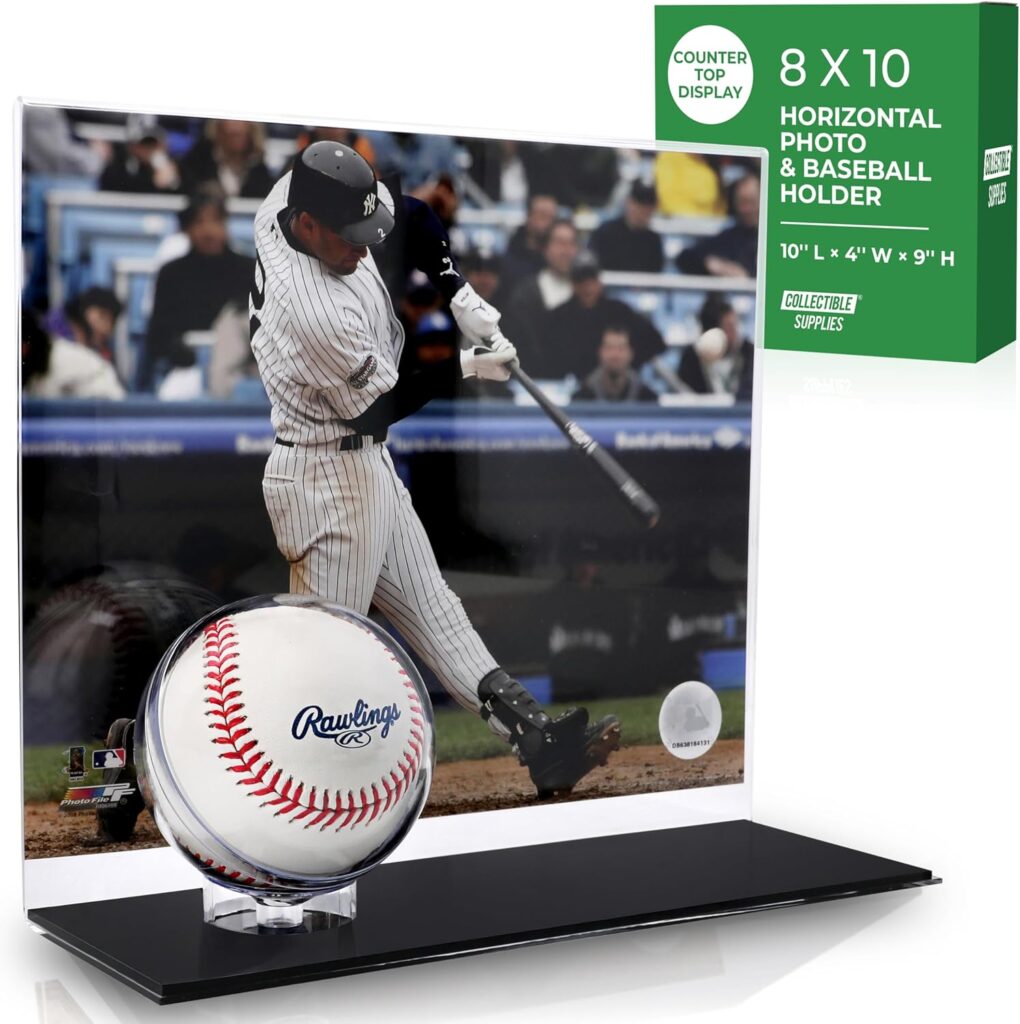 Baseball Holder with Picture Frame – Acrylic Baseball Card Display Case for 8×10 Horizontal Photo, Clear Ball Stand and Photo Frame Display for Counter or Shelf, Single Ball Memorabilia Case